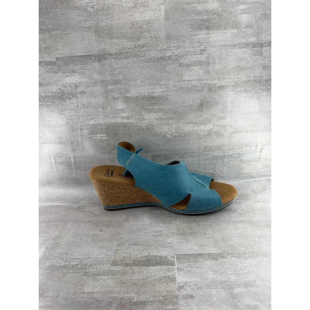 Clarks Teal Blue Nubuck Leather Cork Wedge Sandals Peep Toe Women Sz 11 M